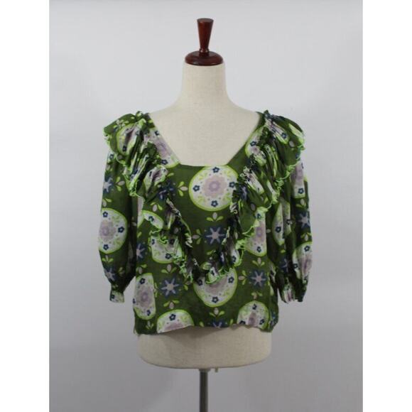 Floral Ruffle Green Blouse - Picture 2 of 14